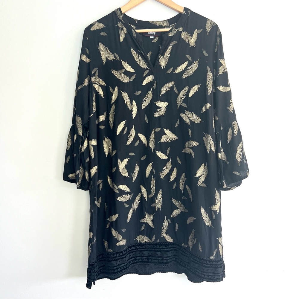 JOHNNY WAS Workshop Black Metallic Gold Feathers Embroidered Hem Mini Dress Sz L - Picture 2 of 16